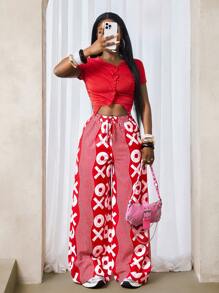 BamGleam 女式松紧腰抽绳宽松全印花休闲裤 - 紅白色 - 查看 5