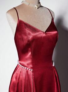 Viva Relle 简约高档吊带束腰长款露背连衣裙，仿珍珠装饰，派对 - 酒紅色 - 查看 4