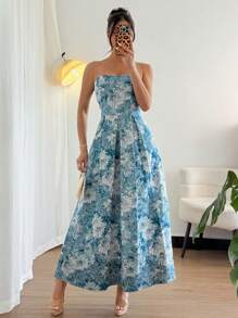 Rafferiza 女式夏季束腰蓝色雏菊印花抹胸优雅吊带裙