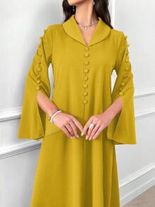 Al Najma 1 件女士纯色前扣开衩袖优雅阿拉伯风格连衣裙 - 黃色 - 查看 6