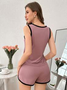 SHEIN 3 件套女士撞色装饰休闲无袖上衣和短裤睡衣套装，多色家居服套装