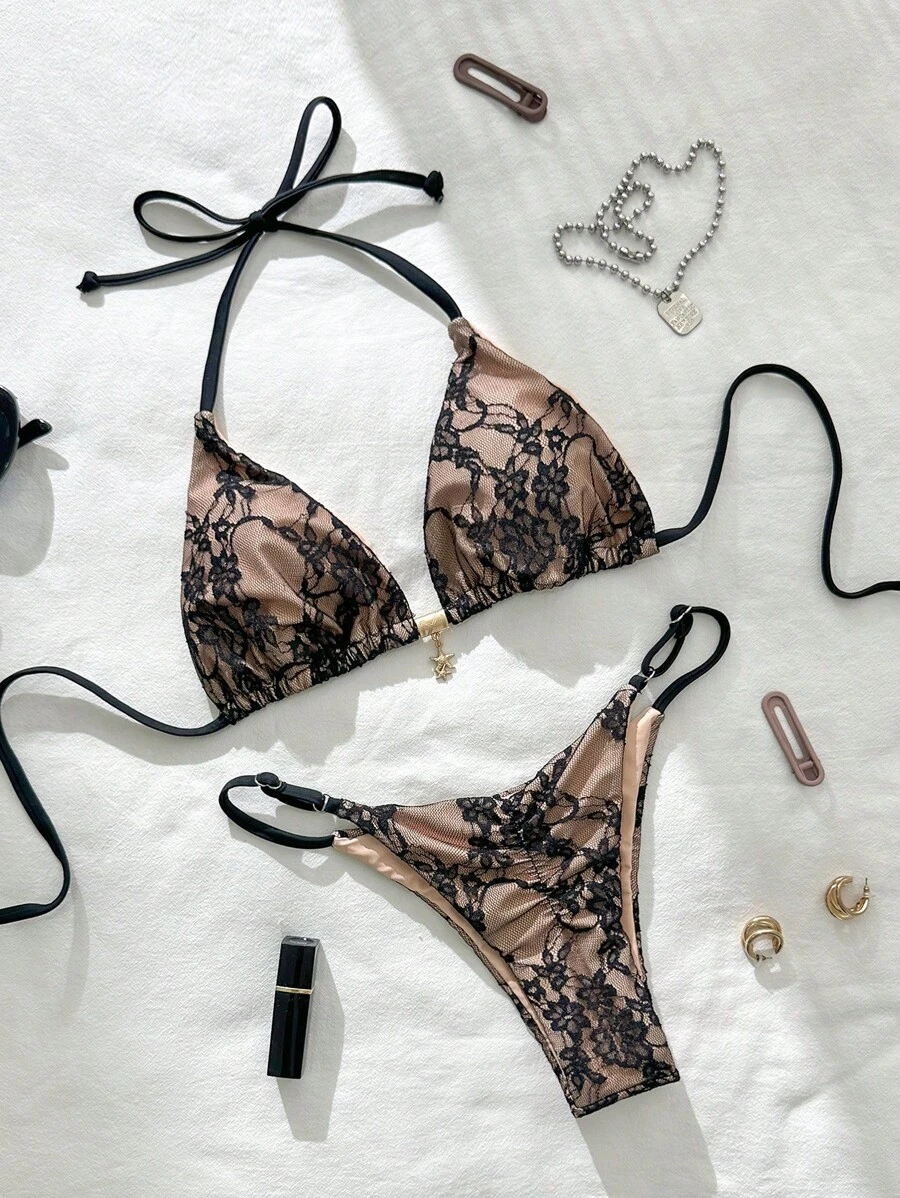 Swim Mod 2 件套无袖露背蕾丝金属装饰性感比基尼套装，夏季 - 黑色 - 查看 1