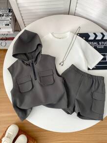 3 PiecesBoys Casual Vest, Short Sleeve T-Shirt And Shorts Set, Suitable For Commuting, School, Leisure, Travel, Sports, Spring/Summer/Autumn/Winter Seasons Boys Casual Outfit Set Boys Hooded Vest Outfit Boys 3 Piece Set Toddler Boy Clothes - Grey - View 3