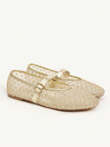 CUCCOO CHICEST 女士网眼圆头平底优雅休闲棕色网眼玛丽珍平底鞋，适合喝茶、约会、休闲装、校园风格、舞会 - 金色 - 查看 9