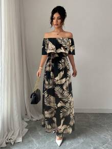 Breezaya Plants Print Off Shoulder Split Thigh Dress For Summer Vacation Maxi Vacation Beach Outfits Women - Multicolor - View 5