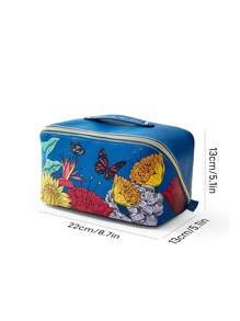 Frida Kahlo X SHEIN 1 pieza Bolsa de cosméticos de piel de PU con estampado floral de artista, de gran capacidad y plana. Bolsa de almacenamiento multifuncional para artículos pequeños, ideal para llevar diariamente, viajes, trabajo, maquillaje o estudio, adecuado para mujeres y estudiantes, artístico y elegante