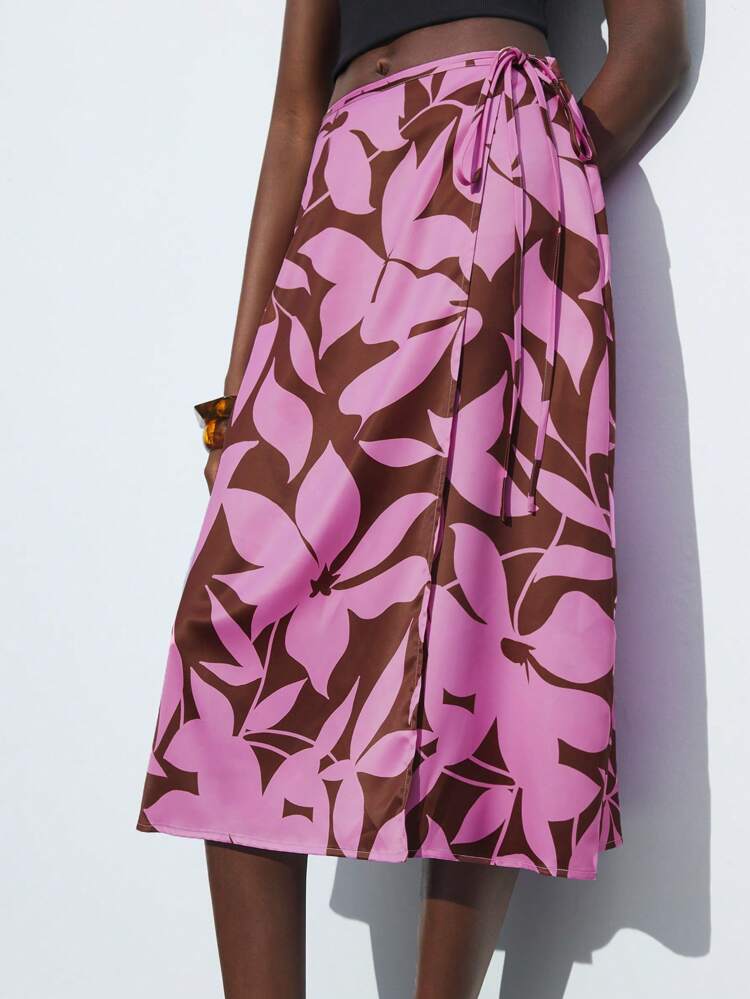 SHEIN Maija 2025 Autumn New Berry Pink Leaf Silhouette Print Wrap-Around Elastic Waist Tie Side Bow Skirt, Elegant Urban Romantic Vintage Y2K Country Music Festival Retro Style, Suitable For Airport Travel, Wedding Guest, Birthday, Halloween, Business Casual, Date, Party, Back To School Fall