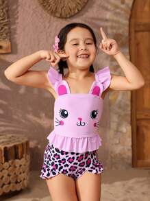 Conjunto de traje de baño con estampado de dibujos animados y volantes con estampado de leopardo para niña - Multicolor - Ver 4