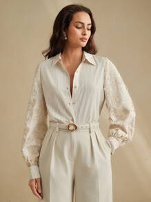 Anewsta Camisa holgada y casual con parches de rayas rojas y blancas y bordados, nueva para primavera y verano - Caqui - Ver 4