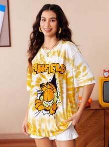 GARFIELD | SHEIN Áo thun nam cổ tròn tay ngắn họa tiết hoạt hình và nhuộm màu - Màu vàng - Xem 3