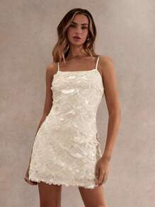 Glamine 女士休闲时尚串珠修身吊带背心迷你连衣裙，女士白色连衣裙，女士迷你连衣裙，女士白色迷你连衣裙，女士夏季连衣裙，女士度假装，女士白色连衣裙，优雅派对连衣裙，女士婚礼宾客连衣裙，白色亮片迷你连衣裙 - 杏色 - 查看 4