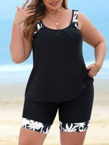 Swim Lushoire 加大码宽肩带圆领无袖夏季分体泳衣 - 黑與白 - 查看 4