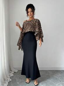 Elenzga 女士豹纹肩部裹身连衣裙套装，搭配罗纹吊带裙，优雅两件套 - 黑色 - 查看 6