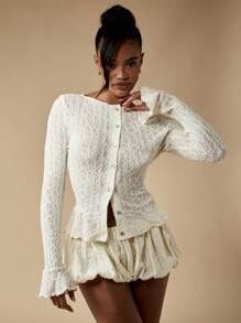 MISSGUIDED Luxury Crochet Lace Cardigan Long Sleeve Peplum Button Up Holiday Wedding Sweater Spring Summer Layering Top Fall Fashion