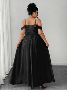 Elenzga Plus Size Women Elegant Spaghetti Strap Open Slit Dress - Black - View 2