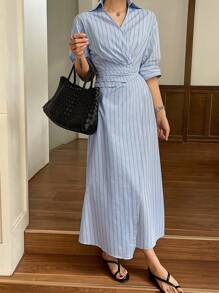 DAZY Damen Sommer Lässig/Berufskleidung langes Wickelkleid mit Streifenmuster und Knöpfen vorne