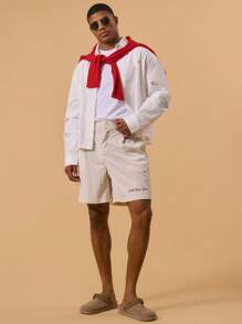 Musero Ribbed Longline Embroidered Shorts Pleat Detailing Button Fastening Spring Summer Vacation Holiday - Apricot - View 1