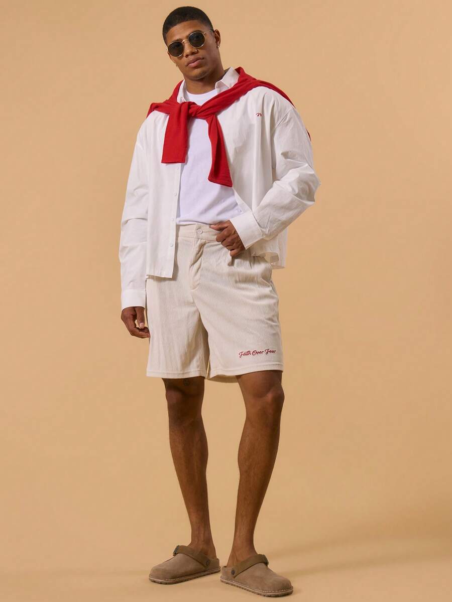 Musero Ribbed Longline Embroidered Shorts Pleat Detailing Button Fastening Spring Summer Vacation Holiday - Apricot - View 1