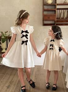 LMoss Kids Tween-Mädchen Einfarbiges, figurbetontes Lässig Kleid mit V-Ausschnitt - Weiss - Übersicht 7