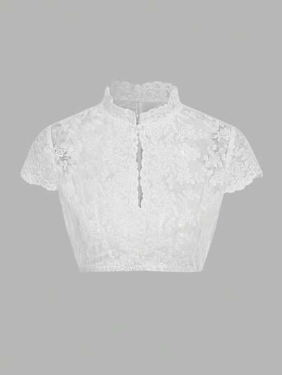Fairmaia Traditional German Women Floral Flocked Mesh Short Sleeve Blouse, White Lace Top, Lace Crop Top, Lace Shirt, White Lace Crop Top, For Oktoberfest, Dirndl, Halloween