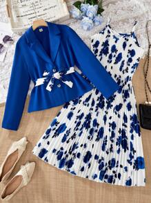 2pcs/Set Tween Girl Floral Print Pleated Slip Dress & Elegant Jacket - Royal Blue - View 1