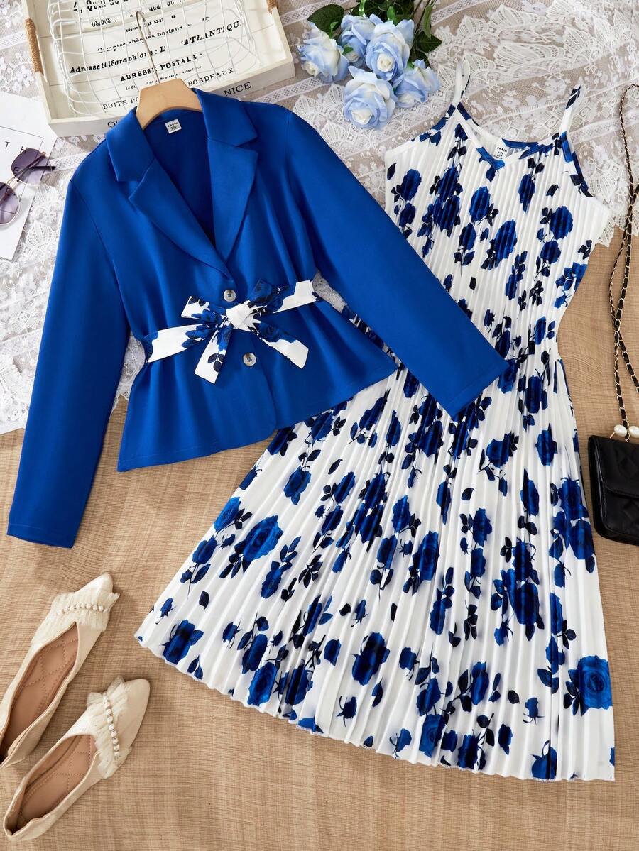 2pcs/Set Tween Girl Floral Print Pleated Slip Dress & Elegant Jacket - Royal Blue - View 1