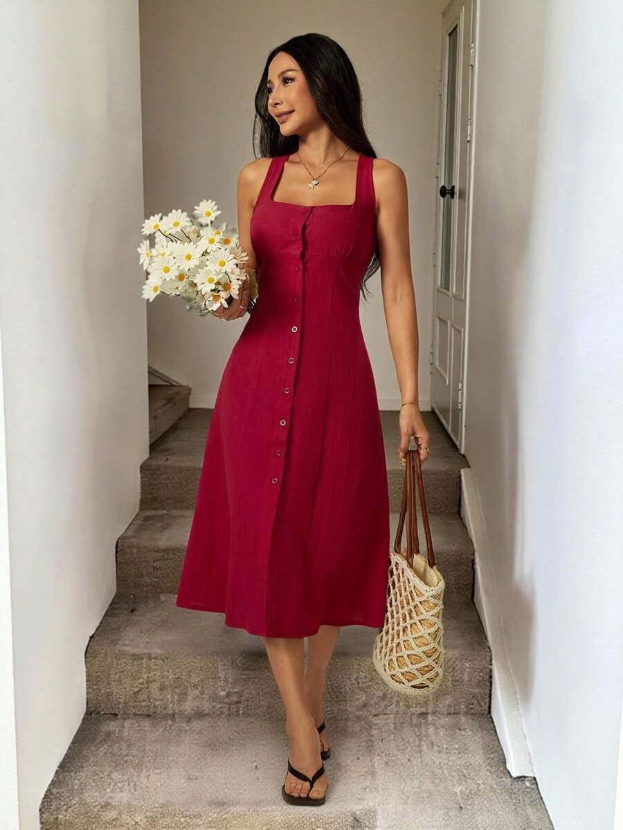 SHEIN PETITE 方领褶皱胸罩杯高开衩后系带束腰 A 字中长连衣裙，采用纯棉面料，休闲度假优雅女士夏装