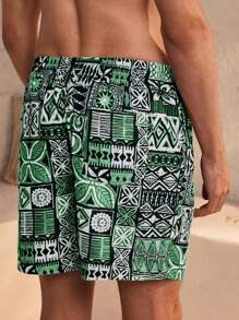 Manfinity VDAYZ Men's Beach Vacation Print Drawstring Swim Trunks (Messy Print) - Green - View 2