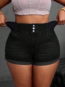 SHEIN SXY 女式加大弹力迷你牛仔短裤 - 黑色 - 查看 1