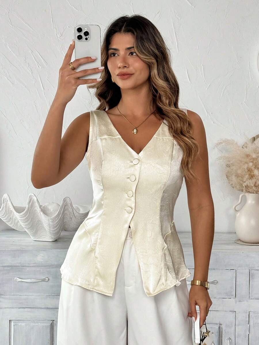 SHEIN LUNE Elegante Damen Bluse aus gekräuseltem Satintextil im französischen Stil, schlicht und schick für Büro, Lässig, Urlaub, Nachmittagstee-Party, mit V-Ausschnitt, Knopfleiste vorne, ärmelloser Weste-Schnitt