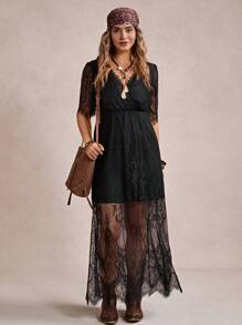 Freevana Vestido de encaje de unicolor con abertura alta, estilo vacacional de festival de música country de verano, regalo del Día de la Madre, ropa para Pascua, atuendo de vacaciones para mujeres, atuendo de concierto para mujeres, vestidos de graduación para mujeres