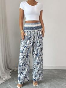 Chiquease Women's Floral Print Shirred Waist Pants, For Vacation Fall Cloth For Women