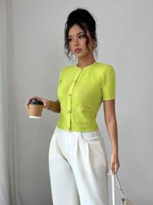 Elenzga Simple Solid Color Short Sleeve Cardigan, Casual Summer