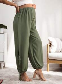 SHEIN 孕妇侧开衩休闲舒适哈伦裤 - 軍綠色 - 查看 5