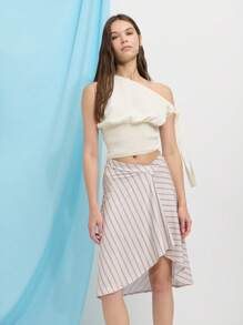 Nöista Pure White One-Shoulder Crop Top With Gathered Elastic Waist And Delicate Tied Sleeve Detail. Made From Soft, Lightweight Polyester Blend Fabric. Chic, Feminine, Summer, Casual, Stylish, Versatile, Breathable, Elegant, Comfortable, Flattering. - Apricot - View 1