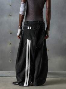 NEON BLANC Men's Street Fashion Woven Long Curved Knife Loose Fit Jeans, Grunge, Couple Things - Black - View 2