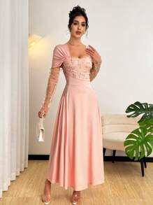 Modelyn 女式长袖单肩褶饰修身连衣裙 - 粉色 - 查看 6