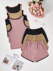 SHEIN 3 件套女士撞色装饰休闲无袖上衣和短裤睡衣套装，多色家居服套装