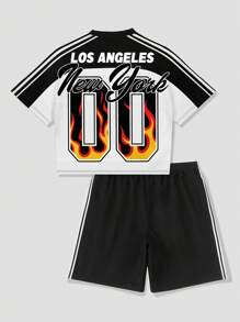 ROMWE MEN Street Life Men's Preppy Summer Casual Contrast Color Patchwork Person Print T-Shirt And Shorts Set - Multicolor - View 3