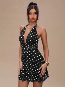 SHEIN BAE Women's Polka Dot Backless Halter Neck Mini Dress,Boho Clothes Women - Black - View 6