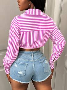BamGleam 女式长袖单排扣条纹短款性感衬衫