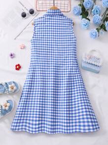 1pc Colorful Floral 3D Decor Gingham Fabric Dress, Sweet And Cute - Blue - View 2