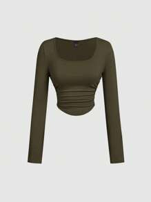 SHEIN MOD 3 件女式褶皱休闲方领长袖 T 恤套装，保暖服装，秋季女装，外出上衣，假日女装，新年，白色上衣 - 軍綠色 - 查看 5