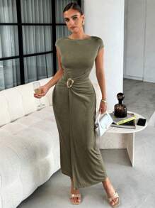 Lavishia Summer Apricot Metallic Shine Knee-Length Fit & Flare Dress, Crew Neck Short Sleeve Fashion Women Dress - Army Green - View 3