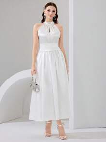 Poshira Women's Elegant Draped Neck Ruched Waist Formal Dress, Cocktail Dress - White - View 6