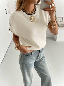 Siren Gaze Blusa de punto casual, versátil, de cuello redondo y manga corta con ribete de color contrastante para mujer