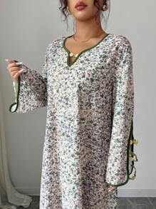 Yasmyna 女式梭织印花圆领撞色面料袖口和下摆宽松连衣裙 - 彩色 - 查看 5