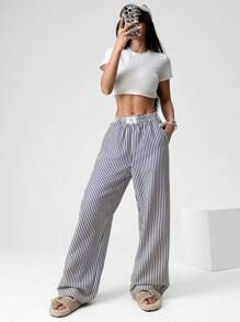 SHEIN EZwear Quần ống rộng dệt sọc thường ngày cho nữ - Xanh và trắng - Xem 3