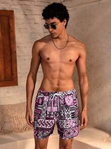 Manfinity VDAYZ Plus Size Men's Geometric Print Drawstring Waist Beach Shorts (Uneven Print) Matching Swimwear For Couples, Beachwear For Couples Swimwear - Burgundy - View 4