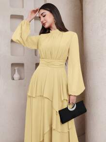 Veilorie 女士纯色立领灯笼袖荷叶边下摆连衣裙，优雅